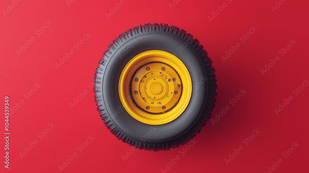 A vibrant yellow tire on a red background, showcasing its details and texture. Ideal for themes related to vehicles and transportation. A vibrant yellow tire on a red background, showcasing its details and texture. Ideal for themes related to vehicles and transportation.