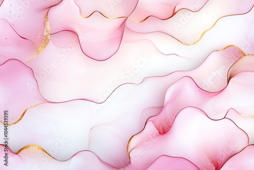 Abstract pink and white fluid art with gold accents, creating a soft and elegant wavy pattern for backgrounds and design inspiration.