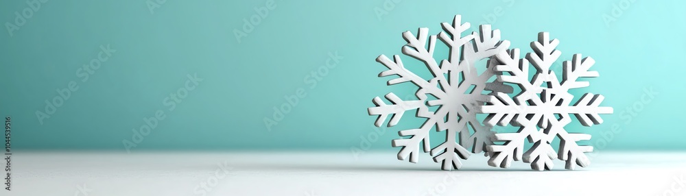 Two white snowflakes rest on a light surface against a serene turquoise background, evoking winter's chill and beauty. Two white snowflakes rest on a light surface against a serene turquoise background, evoking winter's chill and beauty.