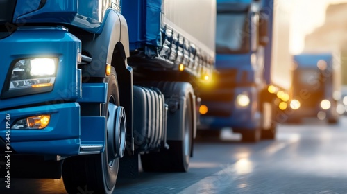A close-up view of blue trucks on a road, emphasizing the details of the front vehicle in warm evening light.