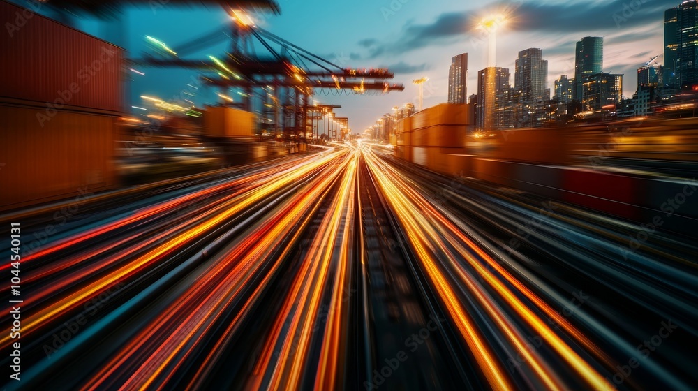 Obraz premium A vibrant, long-exposure photograph of urban traffic, showcasing streaks of light against a backdrop of containers and city skyscrapers during dusk.