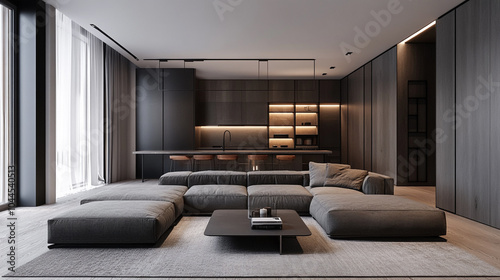 Luxurious minimalist interior featuring wenge wood accents modern sofa sleek lines warm ambient, Cozy modern living space with stylish furniture and earthy tones, accentuated by natural light