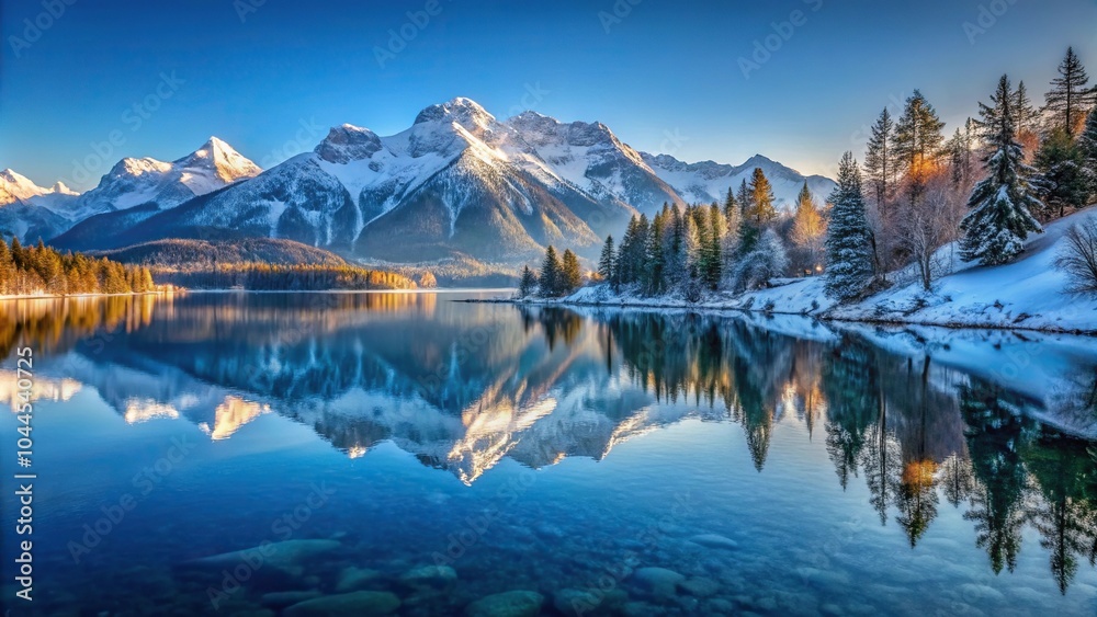 Obraz premium Serene winter morning at a mountain lake with snow capped peaks reflection