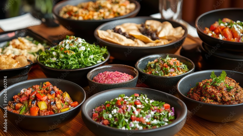 Fresh Middle Eastern Dishes with Artistic Arrangement Fresh Middle Eastern Dishes with Artistic Arrangement