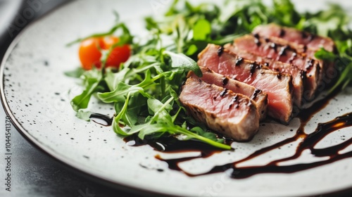 Seared Tuna Steak with Arugula Salad and Balsamic Glaze