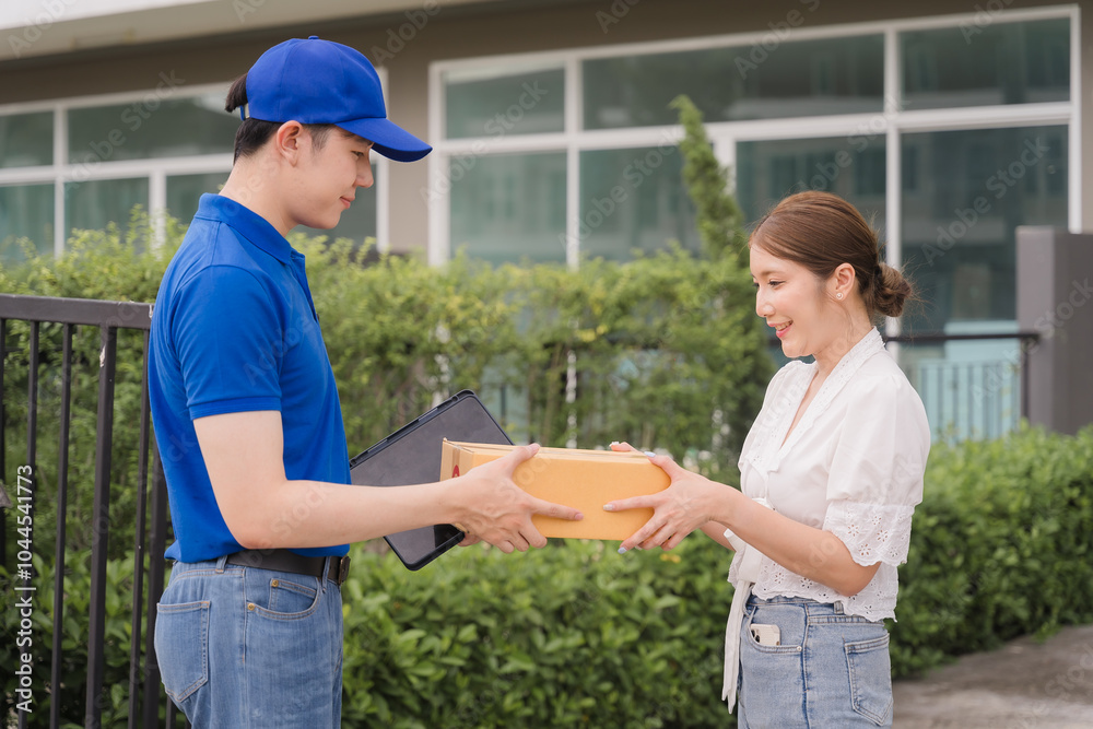 Obraz premium Delivery Happiness: A friendly delivery driver smiles as he hands a package to a cheerful customer, symbolizing the joy of receiving a delivery. 