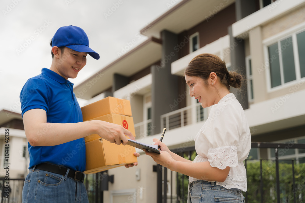 Delivery Happiness: A friendly delivery driver hands a package to a smiling customer, who signs for it with a pen. The image captures the joy and convenience of receiving a delivery. Delivery Happiness: A friendly delivery driver hands a package to a smiling customer, who signs for it with a pen. The image captures the joy and convenience of receiving a delivery.