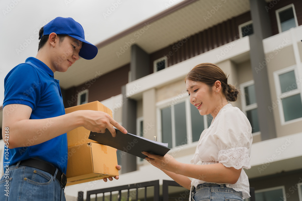 Delivery Confirmation: Smiling Deliveryman and Customer at Home Delivery Confirmation: Smiling Deliveryman and Customer at Home