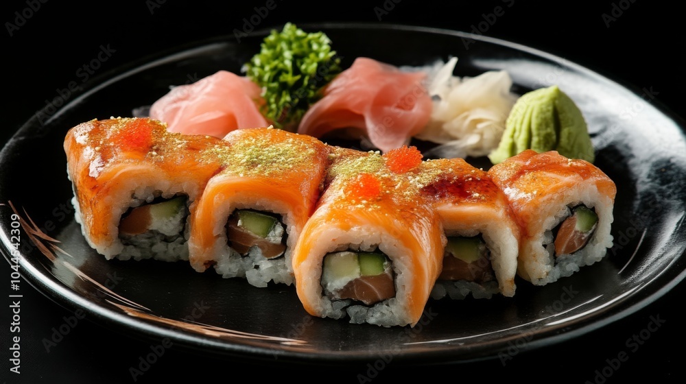 Close-up of Delicious Salmon Sushi Rolls with Wasabi and Ginger Close-up of Delicious Salmon Sushi Rolls with Wasabi and Ginger