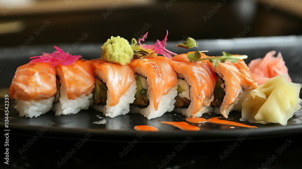 Close-Up of Delicious Salmon Sushi Rolls on a Plate Close-Up of Delicious Salmon Sushi Rolls on a Plate