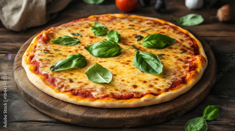 Close-up of a Delicious Pizza with Basil Close-up of a Delicious Pizza with Basil