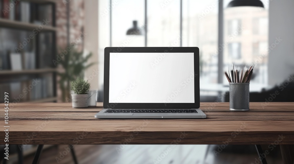 Fototapeta premium Minimalist Workspace with Laptop and Plants