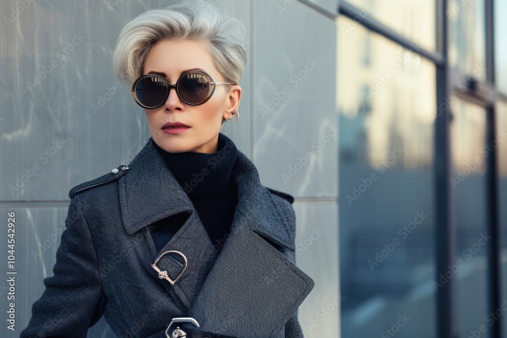 Stylish mature woman in gray coat with accessories and sunglasses. Stylish mature woman in gray coat with accessories and sunglasses.