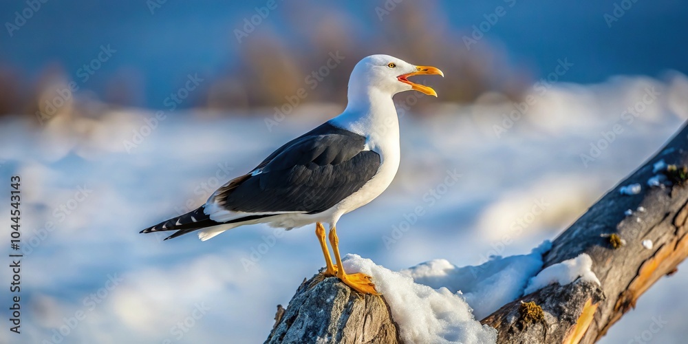 Siberian Black-backed Gull with open beak perched on Arctic tree Siberian Black-backed Gull with open beak perched on Arctic tree