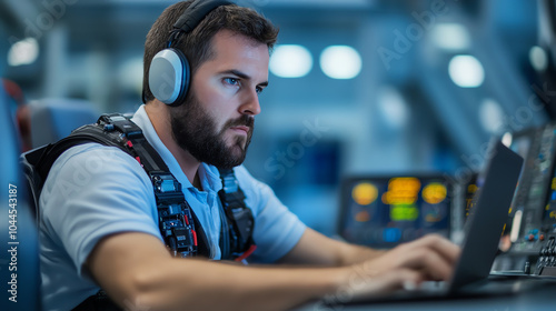 Focused male technician using a laptop with headphones in a modern work environment, showcasing concentration and advanced technology.