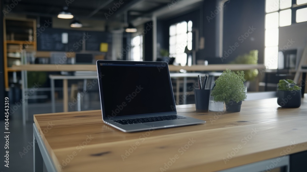 Modern Office Workspace with Laptop and Plants Modern Office Workspace with Laptop and Plants