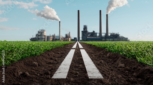 Factory smoke stacks loom over a green field with a dirt path, illustrating the contrast between industrial and agricultural landscapes.