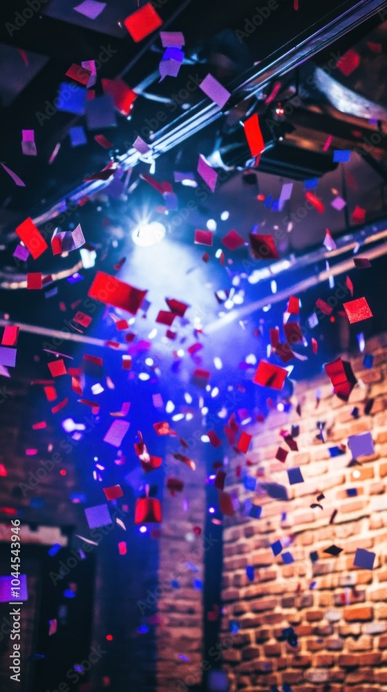 Fototapeta premium Colorful confetti falls in a vibrant setting, creating a festive atmosphere.