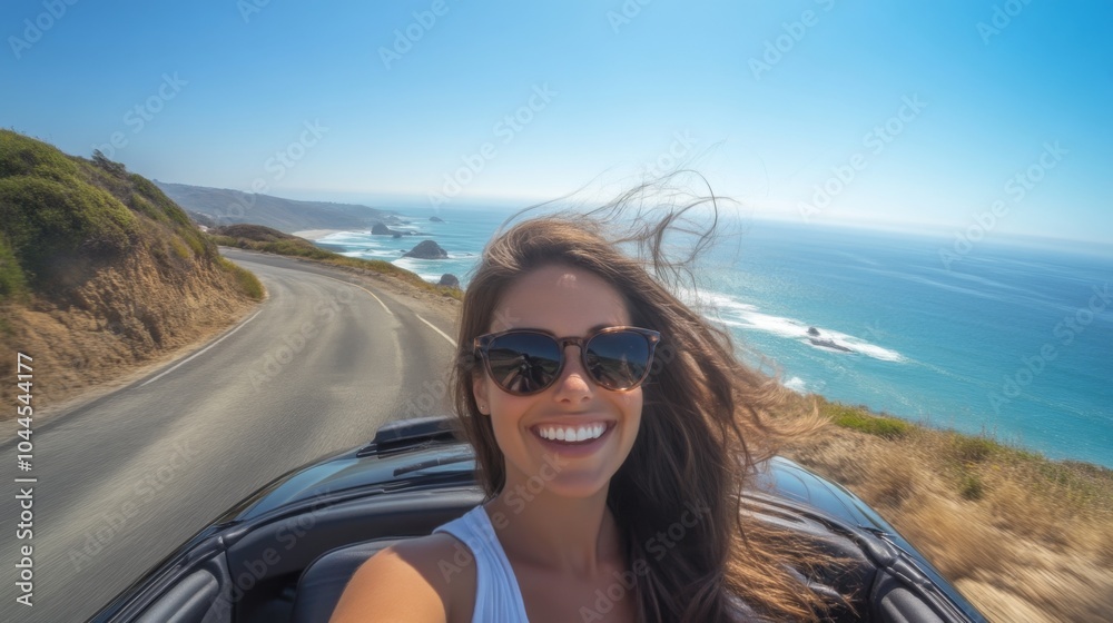Smiling Woman Enjoying a Scenic Coastal Road Trip Smiling Woman Enjoying a Scenic Coastal Road Trip