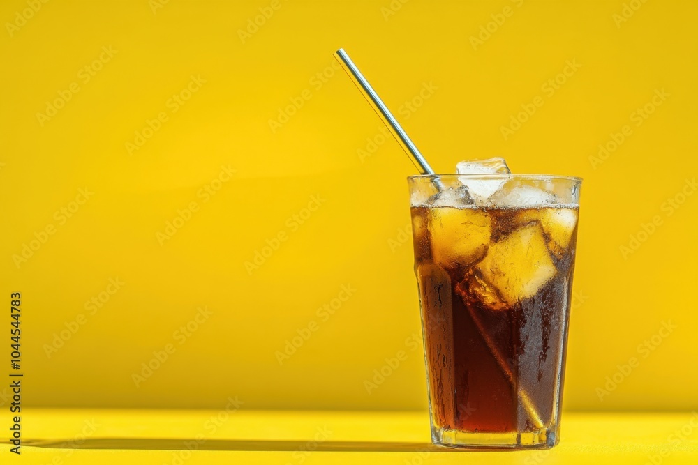 A vibrant image of a cold brew coffee with ice cubes in a tall glass, condensation on the outside, and a metal straw, with ample blank space for commercial text overlay A vibrant image of a cold brew coffee with ice cubes in a tall glass, condensation on the outside, and a metal straw, with ample blank space for commercial text overlay