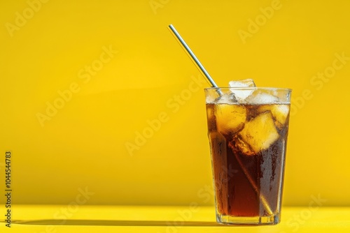 A vibrant image of a cold brew coffee with ice cubes in a tall glass, condensation on the outside, and a metal straw, with ample blank space for commercial text overlay