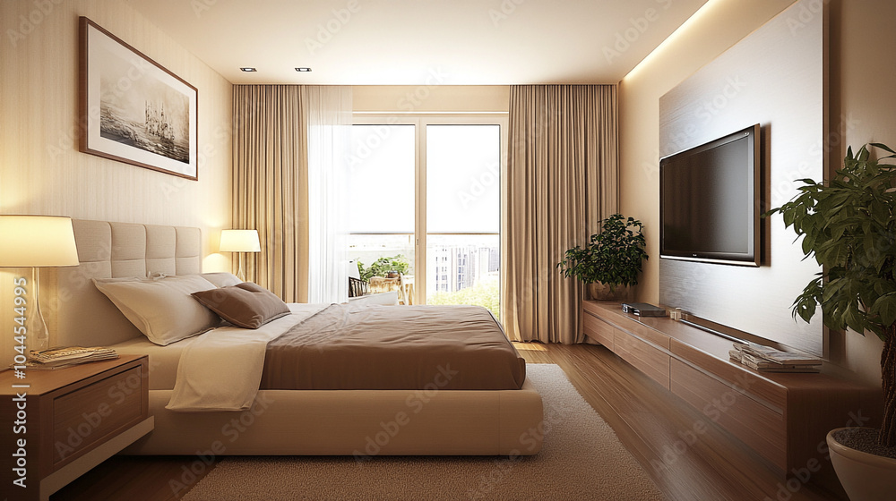 Fototapeta premium A high-resolution of a Contemporary Bedroom Interior, Golden Glow Living Room.
