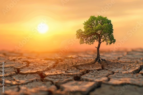 Dry land with cracked soil  green tree  global warming. photo