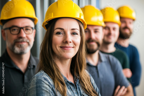 Group of construction professionals wearing yellow hard hats, posing confidently at a job site in the afternoon light