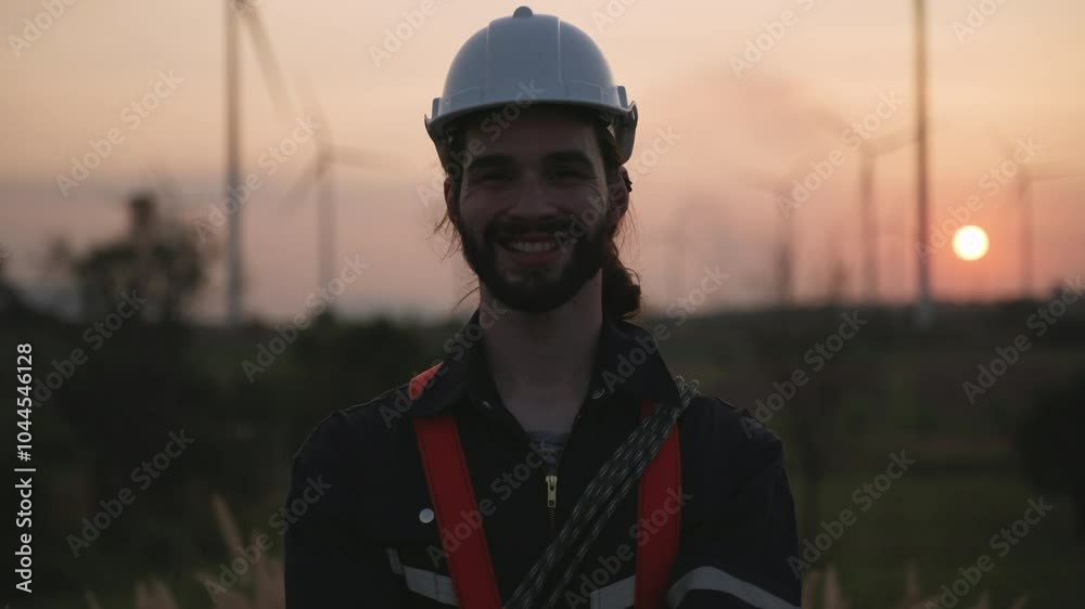Portrait of happy handsome male technician outdoors standing smiling arms crossed while looking at camera after working with sunset at windmill farm. Renewable energy engineer on wind turbine project. Portrait of happy handsome male technician outdoors standing smiling arms crossed while looking at camera after working with sunset at windmill farm. Renewable energy engineer on wind turbine project.