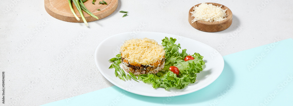 Gourmet Layered Salad with Cheese, Mushrooms, and Ham on Round Plate - Bright & Modern Style Gourmet Layered Salad with Cheese, Mushrooms, and Ham on Round Plate - Bright & Modern Style