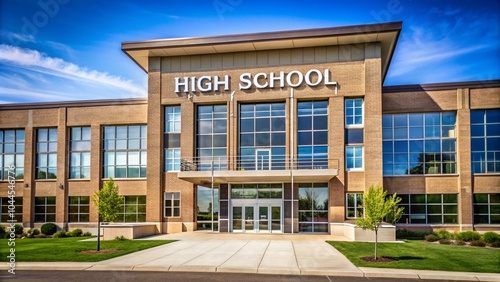 high school building with large windows and sign that says 
