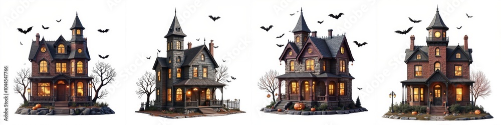 Obraz premium Haunted houses with glowing windows, isolated.