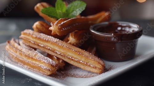Delicious Churros with Chocolate Sauce and Powdered Sugar