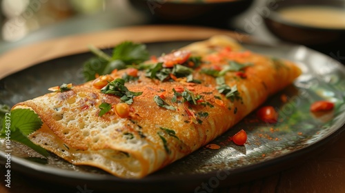 Wallpaper Mural Crispy Indian Dosa with Chili and Herbs on Green Plate Torontodigital.ca