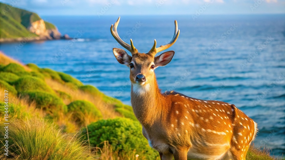Fototapeta premium Sika deer grazing on the Notsuke Peninsula in Hokkaido, Japan