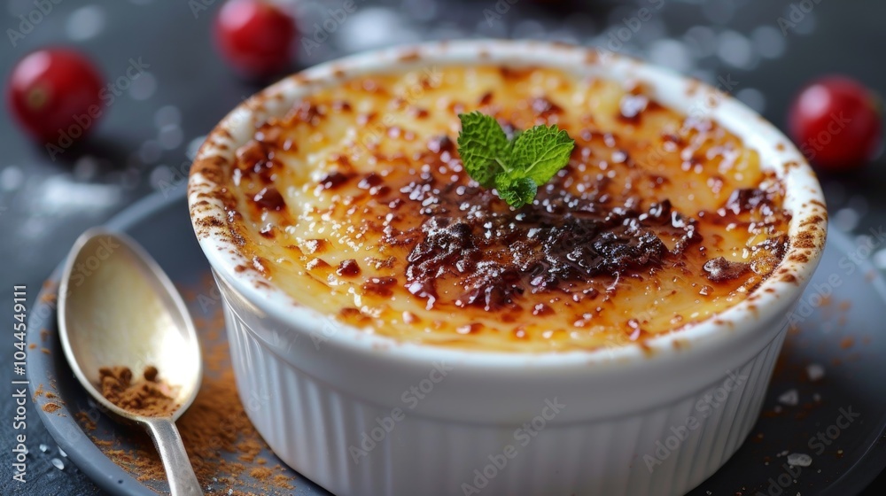 Delicious Creamy Dessert with Caramelized Crust and Mint Garnish Delicious Creamy Dessert with Caramelized Crust and Mint Garnish