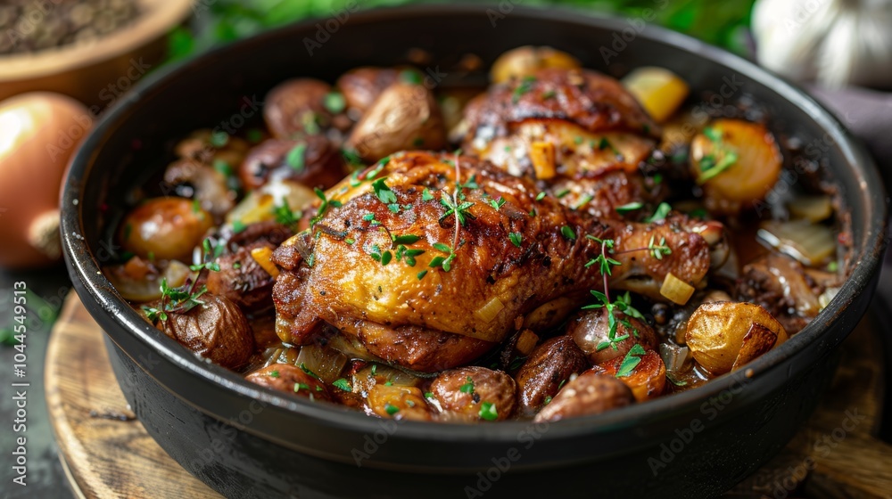 Chicken and Mushroom Stew in Black Pot with Thyme Chicken and Mushroom Stew in Black Pot with Thyme
