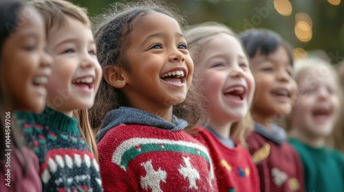 Children of Diverse Backgrounds Singing Christmas Carols in Festive Sweaters, Spreading Cheer and Laughter