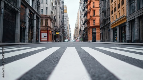 A deserted city street features a prominent crosswalk with linear patterns and buildings in the backdrop, showcasing an urban landscape.