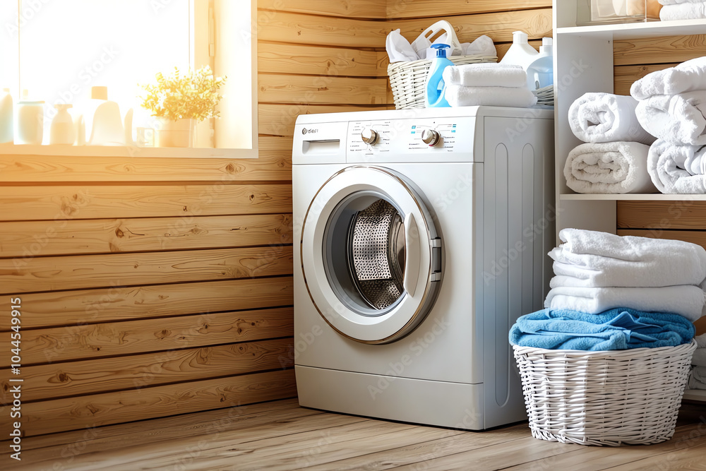 Modern laundry room with washing machine and cleaning supplies in cozy interior design Modern laundry room with washing machine and cleaning supplies in cozy interior design