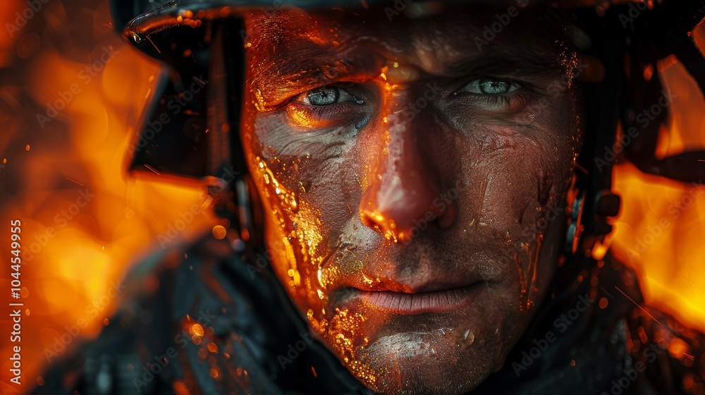 Close up Portrait of a Firefighter with Flames in Background Close up Portrait of a Firefighter with Flames in Background