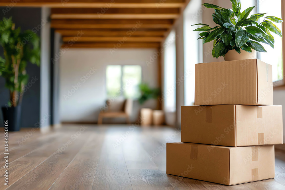 A cozy home space featuring stacked boxes and a potted plant ideal for minimalist decor inspiration A cozy home space featuring stacked boxes and a potted plant ideal for minimalist decor inspiration
