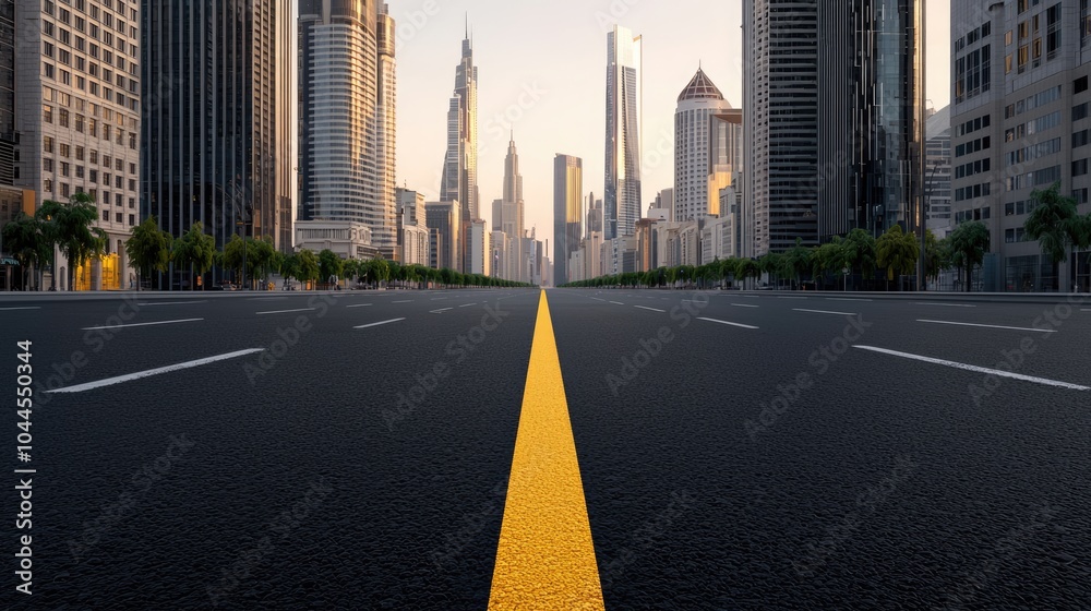 A wide, empty city street with tall skyscrapers on either side, featuring a clear view of the horizon and a prominent yellow lane divider.
