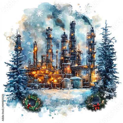 Snowy industrial landscape with a beautifully lit refinery at dusk, surrounded by pine trees and festive holiday decorations.