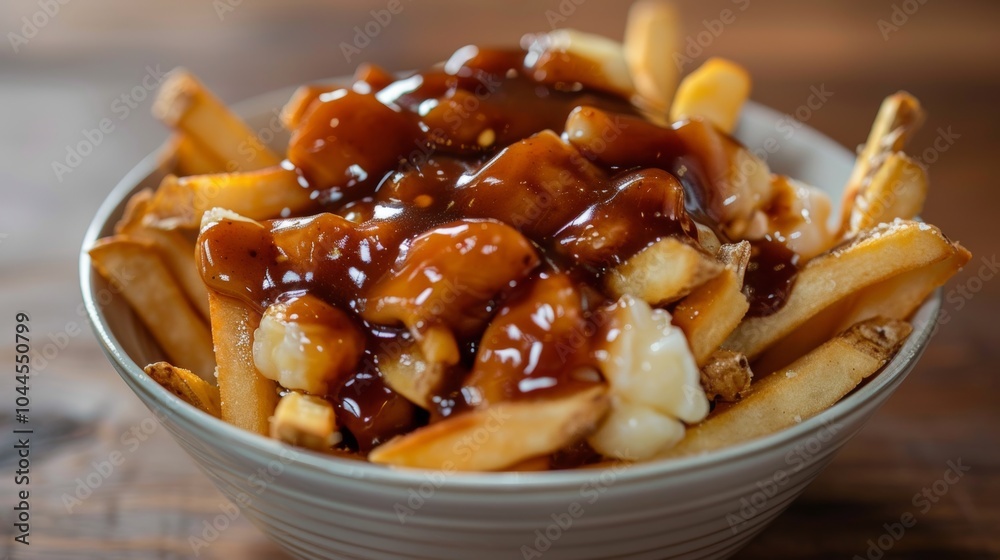 Delicious Poutine with Gravy Cheese Curds and Fries in Bowl Delicious Poutine with Gravy Cheese Curds and Fries in Bowl