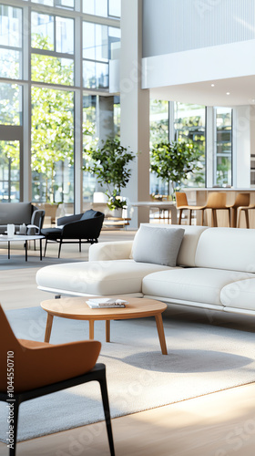 Modern open space living area with natural light and stylish furniture for contemporary lifestyle design