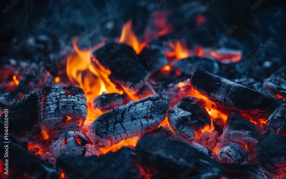 Glowing embers and charcoal in a dark setting, creating a warm, inviting atmosphere. Glowing embers and charcoal in a dark setting, creating a warm, inviting atmosphere.