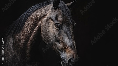 Wallpaper Mural A close-up portrait of a majestic dark horse against a black background, highlighting its features. Torontodigital.ca