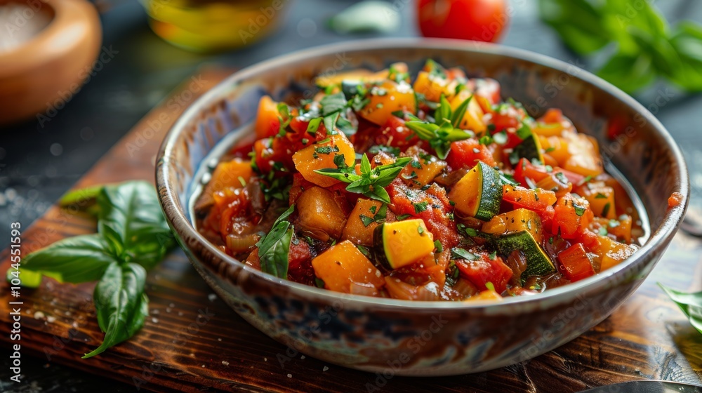 Delicious Vegetarian Stew with Tomatoes Zucchini and Basil in a Bowl Delicious Vegetarian Stew with Tomatoes Zucchini and Basil in a Bowl