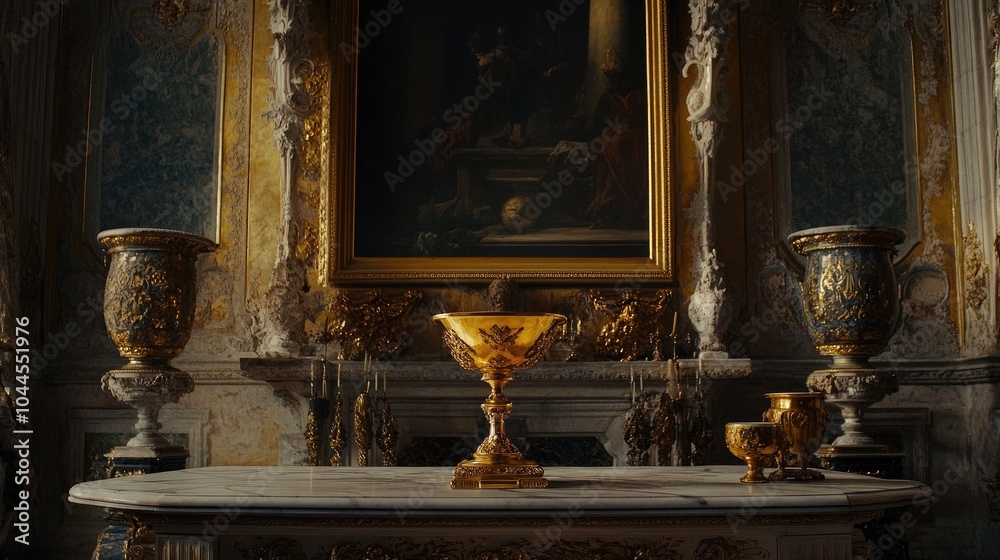 A golden goblet placed on a marble table, framed by opulent decor, exuding refinement and the symbols of wealth A golden goblet placed on a marble table, framed by opulent decor, exuding refinement and the symbols of wealth